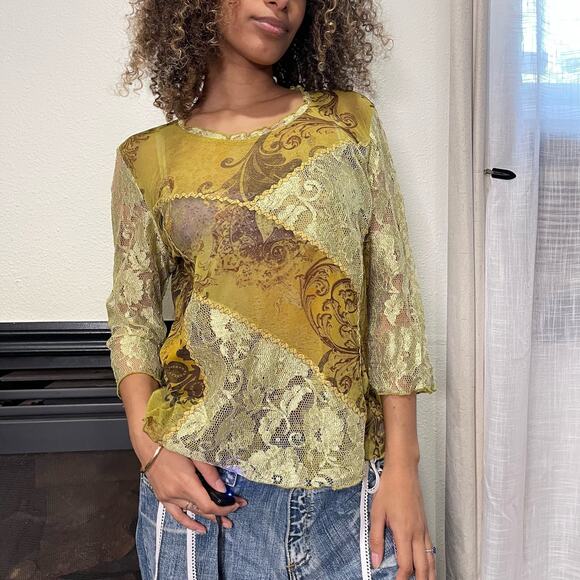 Italian Vintage 00s boho green floral sheer mesh & lace blouse (M) fairy grunge - Picture 8 of 9